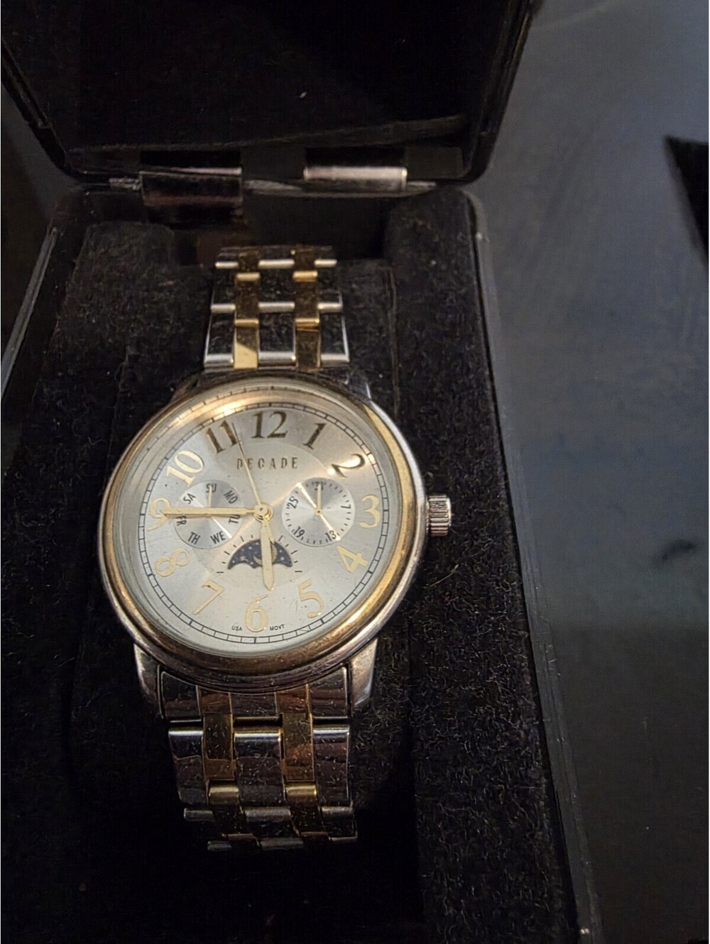 Decade Mens 2-Tone Band Watch, Moon Phase Dial Untested New